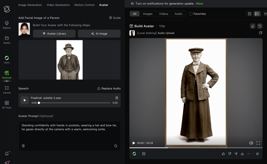 The Kling AI Avatar interface showing the Juliette Nickerson character on the right, with the audio file 'Fredrick Juliette 2.wav' loaded as the speech source and the avatar prompt 'Standing confidently with hands in pockets, wearing a hat and bow tie, he gazes directly at the camera with a warm, welcoming smile.'