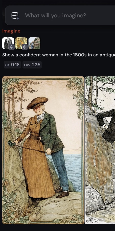 A Midjourney prompt interface showing two early stylized illustrations of a confident 19th-century woman, rendered in a bookplate-lithograph style rather than as a photorealistic period photograph.