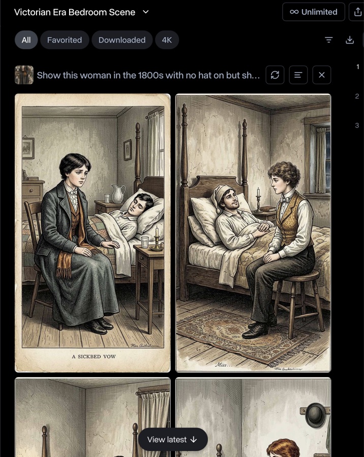 A grid of generated illustrations titled 'Victorian Era Bedroom Scene': period-styled drawings of a sickbed, a woman in mourning dress at a young man's bedside, captioned 'A Sickbed Vow' in the lower margin.