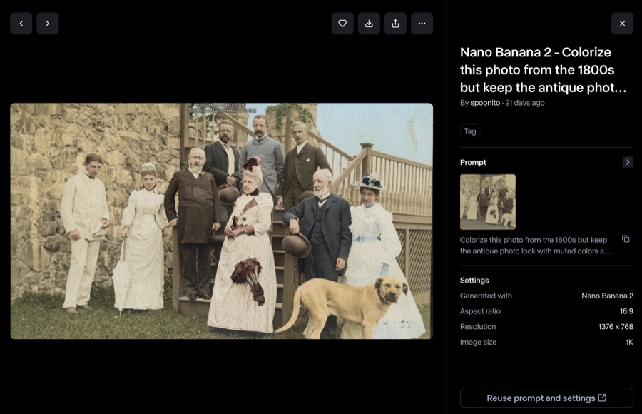 The Nano Banana 2 web interface showing a colorized 1880s group portrait of a Bar Harbor family on a wooden porch with a large dog, beside the prompt 'Colorize this photo from the 1800s but keep the antique photo look.'