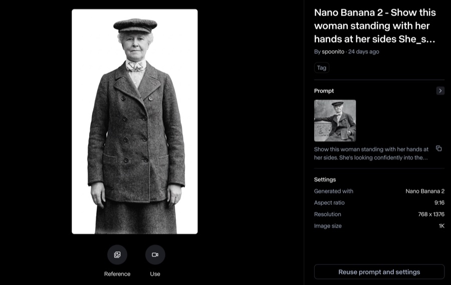 The Nano Banana 2 interface showing a generated full-body portrait of Juliette Nickerson — an older woman in a long dark coat, flat cap, and bow tie, standing confidently with hands at her sides — beside the prompt that produced her.