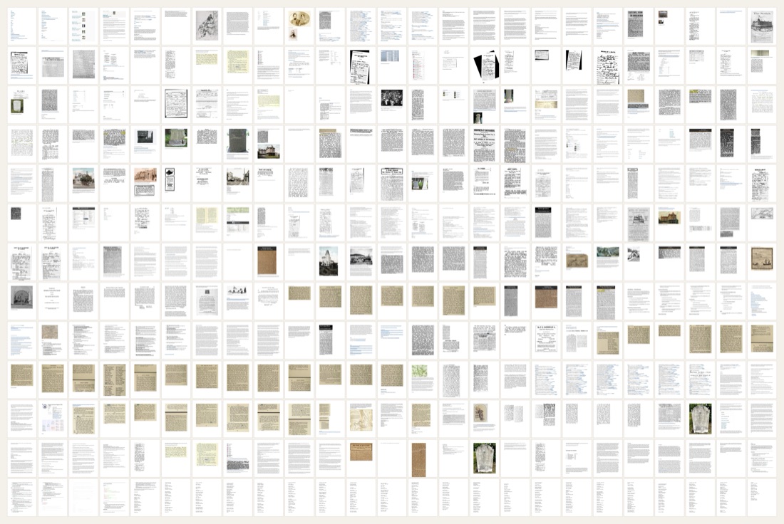 A grid view in macOS Preview showing several hundred thumbnail pages of a PDF titled Graveyard.pdf — typed prose interspersed with scanned newspaper clippings, census records, and old photographs.