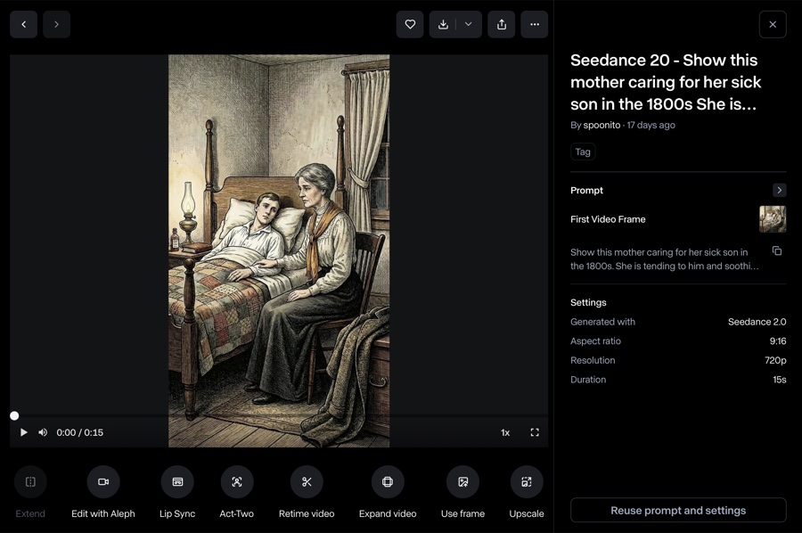 The Seedance 2.0 video-generation interface showing a 15-second animated clip of a 19th-century mother caring for her sick son in bed, with the prompt 'Show this mother caring for her sick son in the 1800s. She is tending to him and soothing him.'