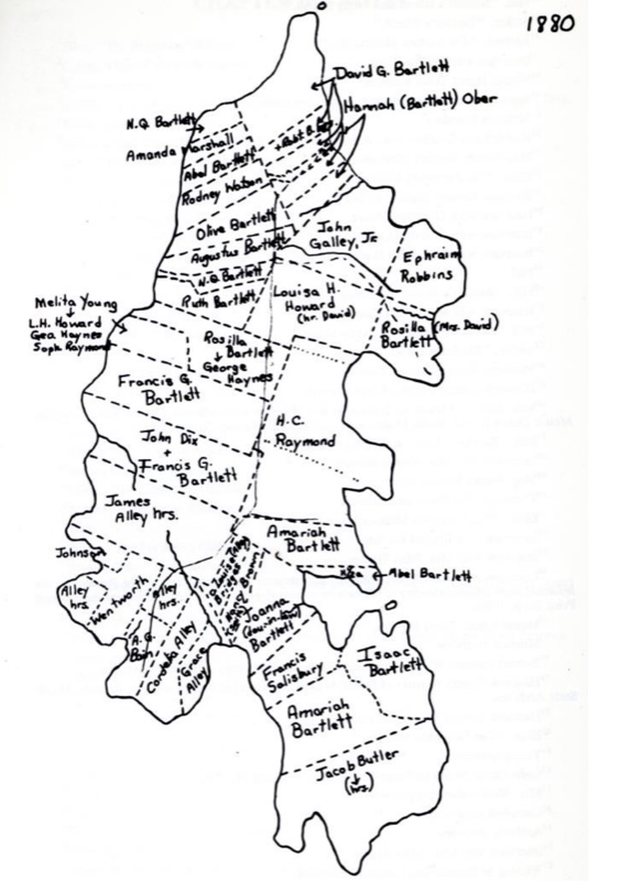 A hand-drawn 1880 parcel map of Bartlett's Island in Frenchman Bay, divided into lots and labelled with the names of various Bartlett family members and a few Alleys, Tarrs, and Robbinses.