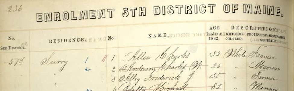 Civil War enrollment record listing Frederick J. Alley