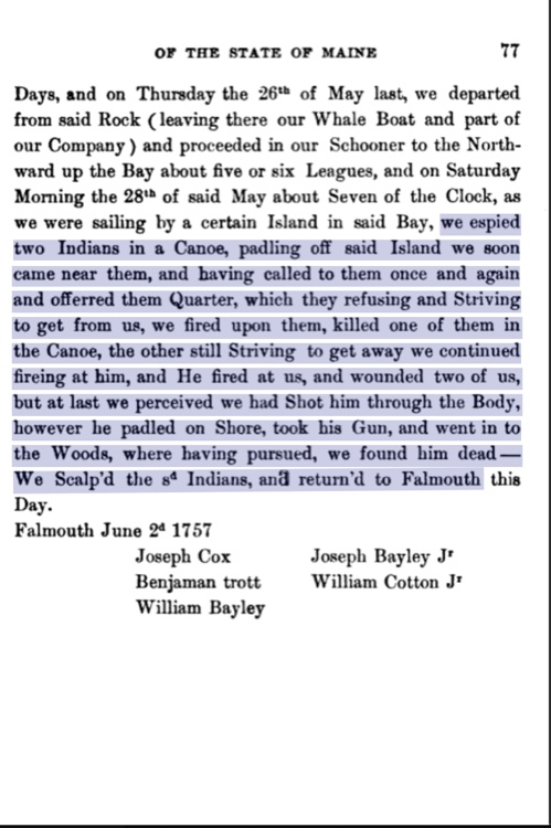 A printed reproduction, from a 19th-century volume of Maine state documents, of Joseph Cox's June 28, 1757 letter describing the killing of three Wabanaki people near Penobscot Bay 'upon the encouragement of the government.'