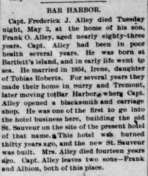 Frederick J. Alley's 1911 obituary
