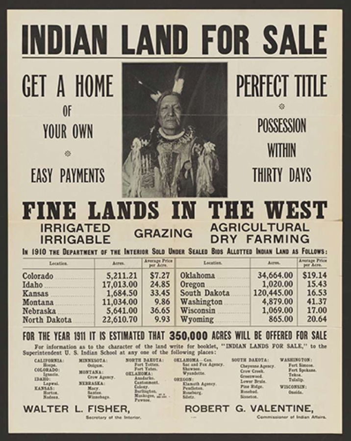 A 1911 U.S. Department of the Interior broadside headed 'INDIAN LAND FOR SALE. Get a Home of Your Own. Easy Payments. Perfect Title. Possession within Thirty Days.' A central oval photograph shows a Native American man in traditional dress. The poster lists acreage and average per-acre prices for tribal lands offered for sale in Colorado, Idaho, Kansas, Montana, Nebraska, North Dakota, Oklahoma, Oregon, South Dakota, Washington, Wisconsin, and Wyoming, and notes that 350,000 acres are expected to be offered in 1911. Signed by Walter L. Fisher, Secretary of the Interior, and Robert G. Valentine, Commissioner of Indian Affairs.