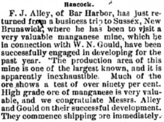 Newspaper item about F.J. Alley's manganese mine in New Brunswick