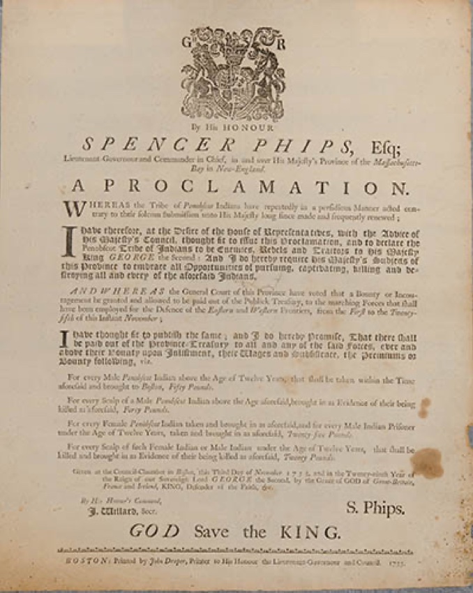 A broadside titled 'A Proclamation' issued by Spencer Phips, Lieutenant-Governor of Massachusetts, November 3, 1755, declaring war on the Penobscot and offering cash bounties for scalps and captives.