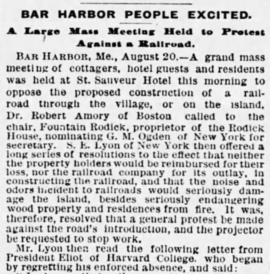 Bar Harbor People Excited - 1888 mass meeting at St. Sauveur Hotel