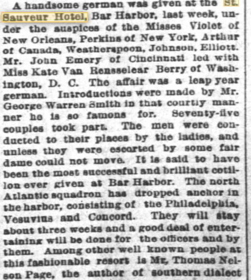 Boston Globe society item describing a cotillion at the St. Sauveur Hotel