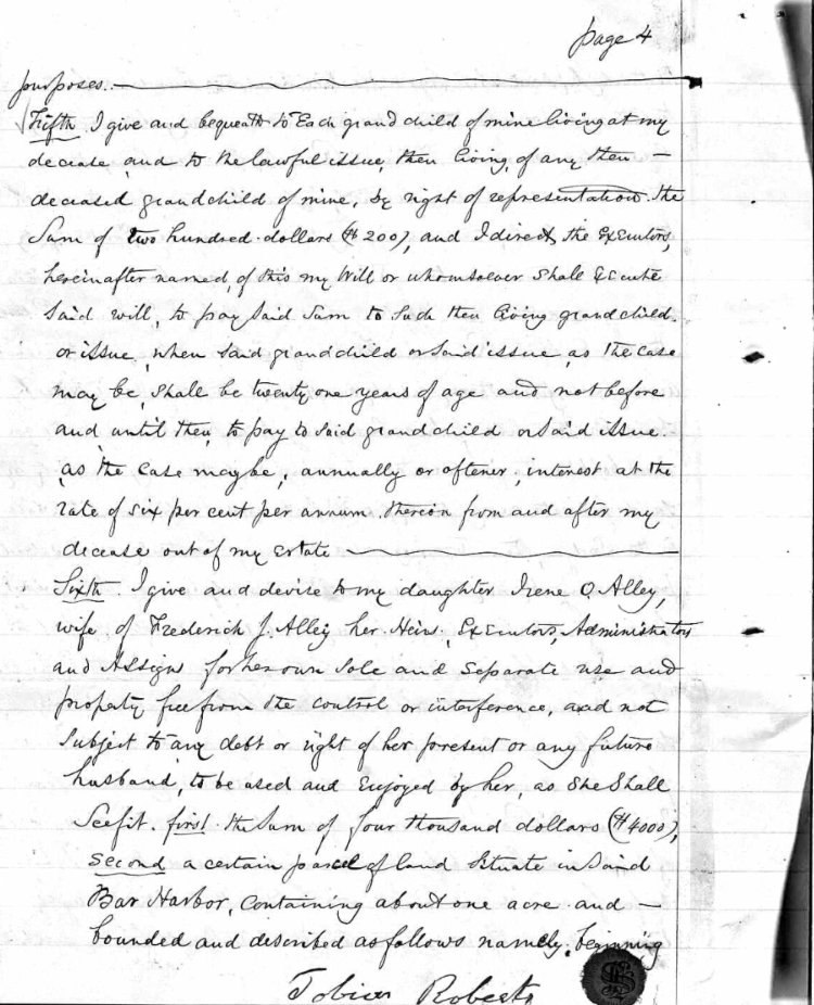 Page 4 of Tobias Roberts's will, containing the protective provision for Irene