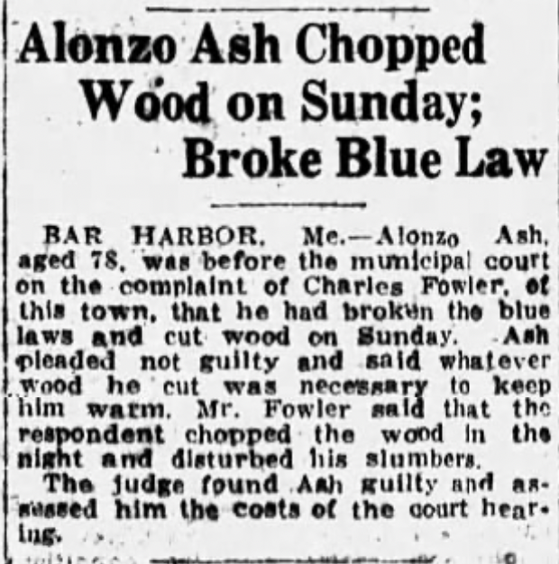 Newspaper article reporting Alonzo Ash's conviction for violating Maine's Sabbath laws.