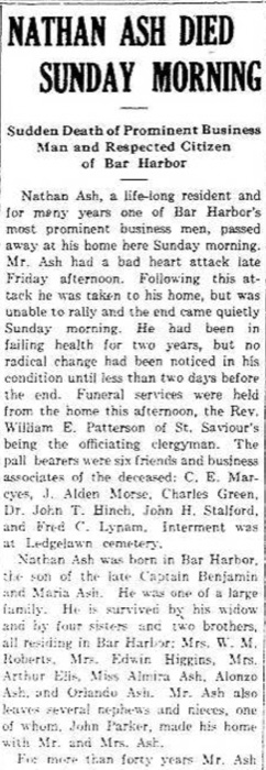 Newspaper obituary headed 'NATHAN ASH DIED SUNDAY MORNING' from April 1920.