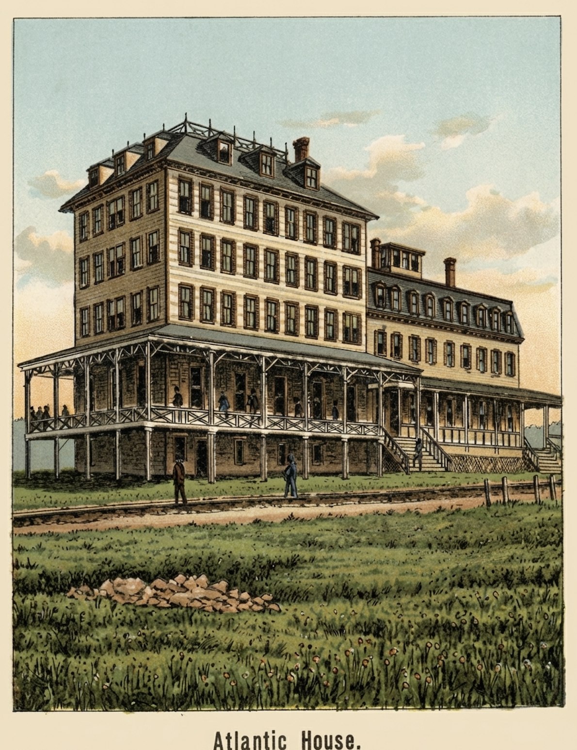 A pen-and-ink rendering of a three-story wood-frame hotel with a wraparound porch.
