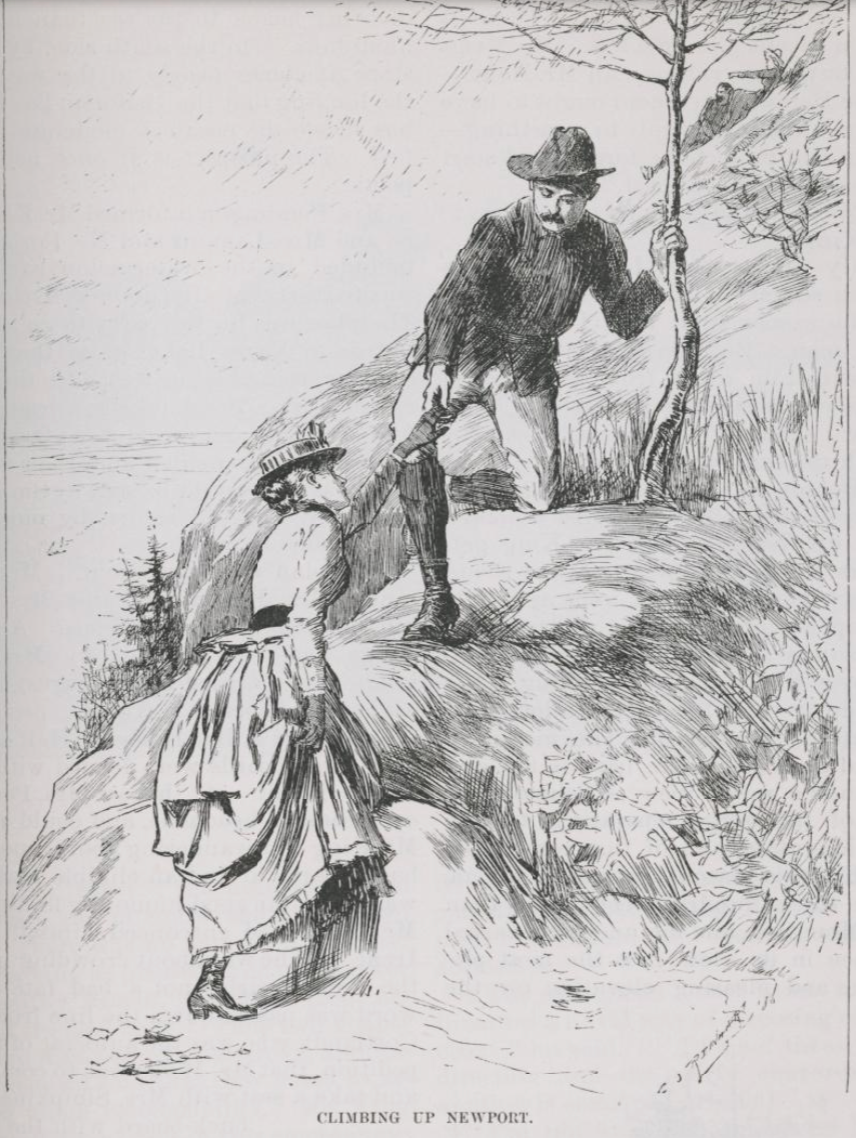 Period illustration of a man helping a woman up a steep, rocky mountain trail. Caption reads 'Climbing Up Newport.'