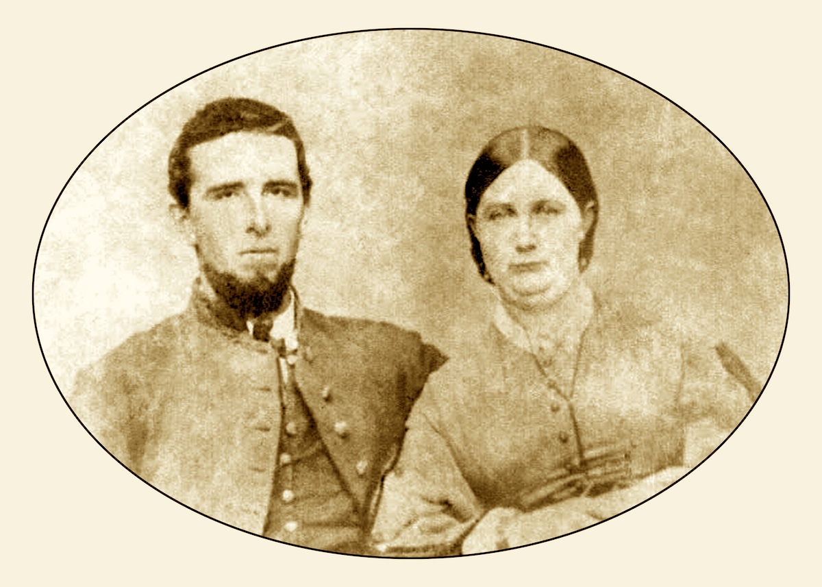 An oval sepia-toned tintype-style portrait of a young bearded man in a dark coat and a young woman in a high-necked dress with her hair parted in the middle.