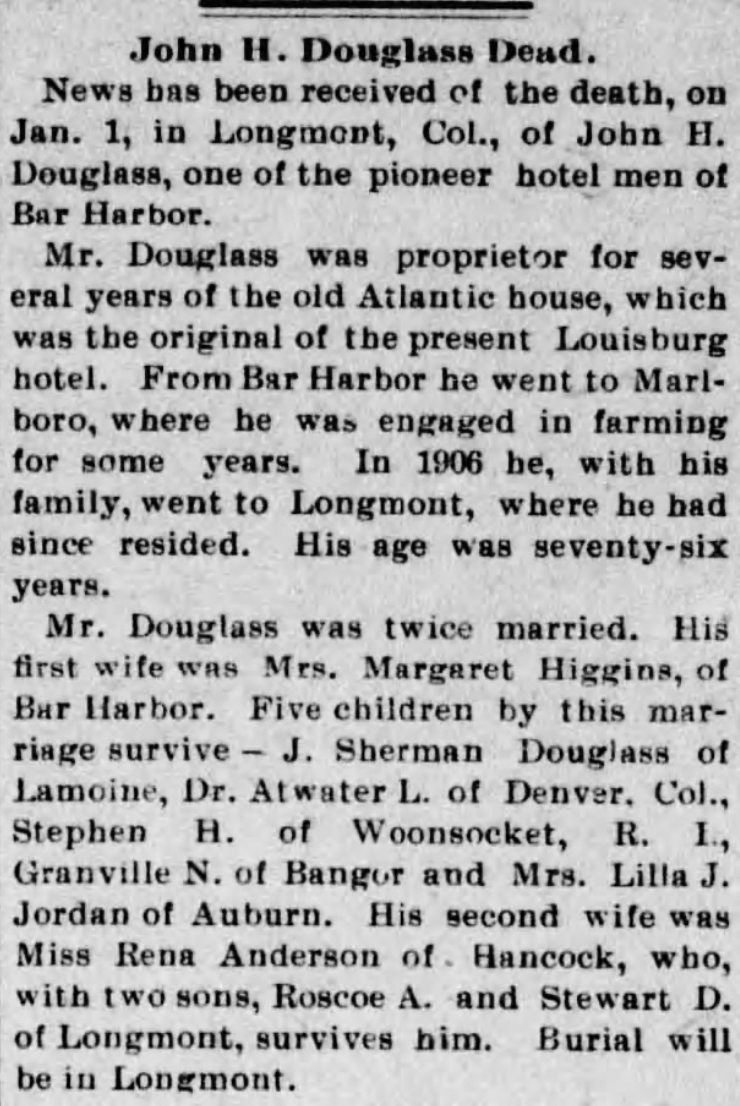 A newspaper clipping headlined 'John H. Douglass Dead.' The obituary describes him as one of the pioneer hotel men of Bar Harbor and lists his surviving children.