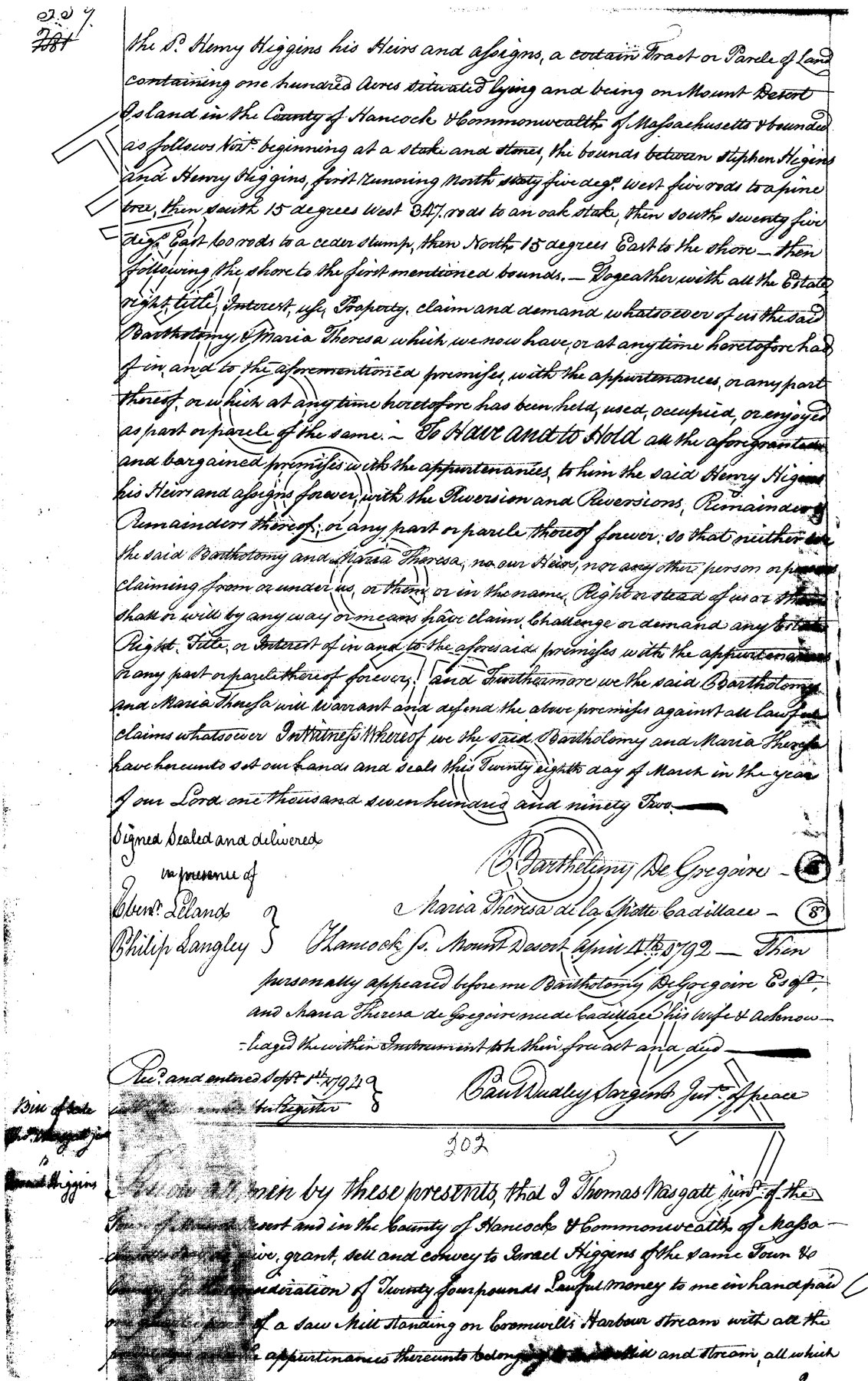 A page of handwritten 18th-century legal manuscript with two signatures at the bottom: Bartholomy De Gregoire and Maria Theresa de la Motte Cadillac.