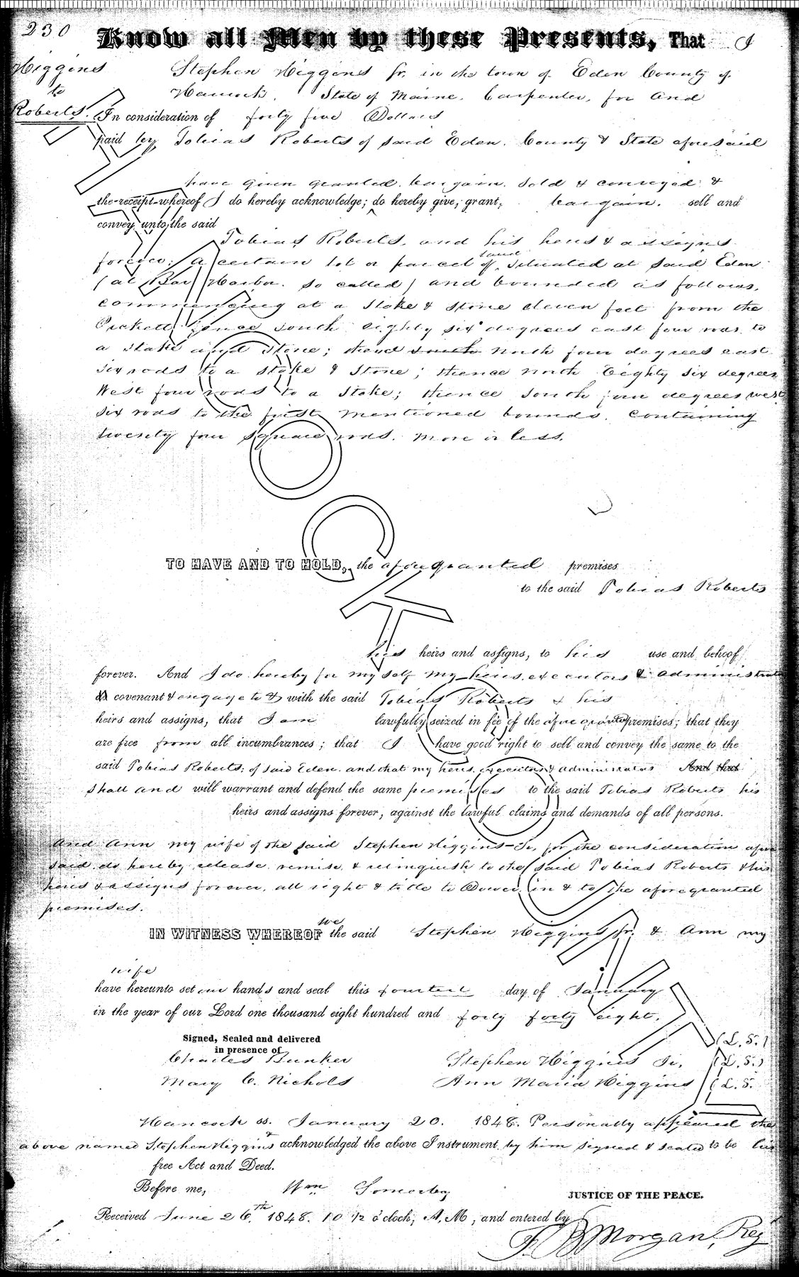 A printed-form deed from 1848 conveying land at Bay Harbor from Stephen Higgins Jr. to Tobias Roberts, signed at the bottom by both Stephen Higgins Jr. and Ann Maria Higgins.