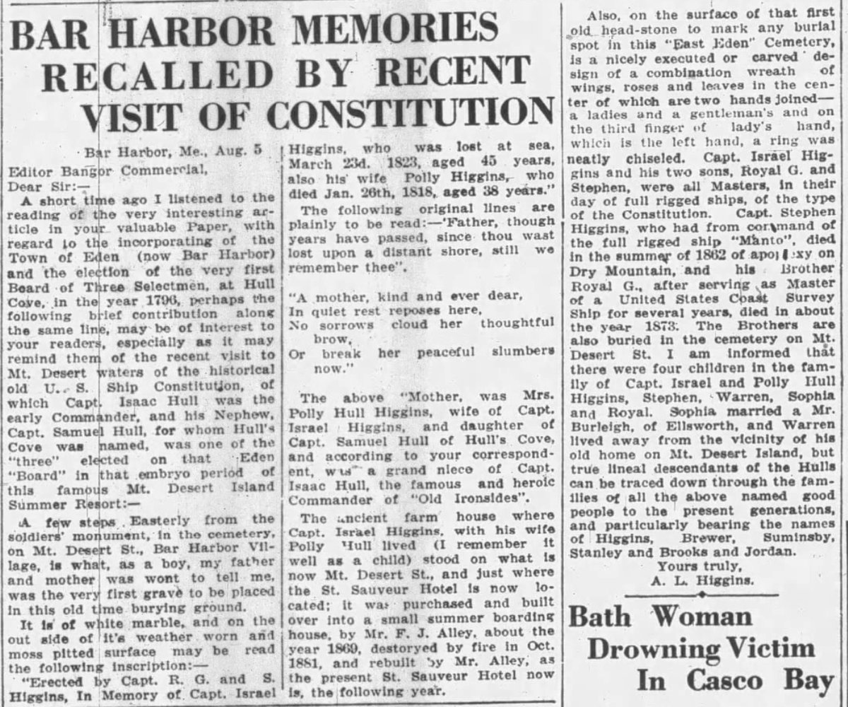 Newspaper article titled 'Bar Harbor Memories Recalled by Recent Visit of Constitution,' a 1931 letter to the Bangor Commercial by A. L. Higgins describing the Higgins and Hull family histories.