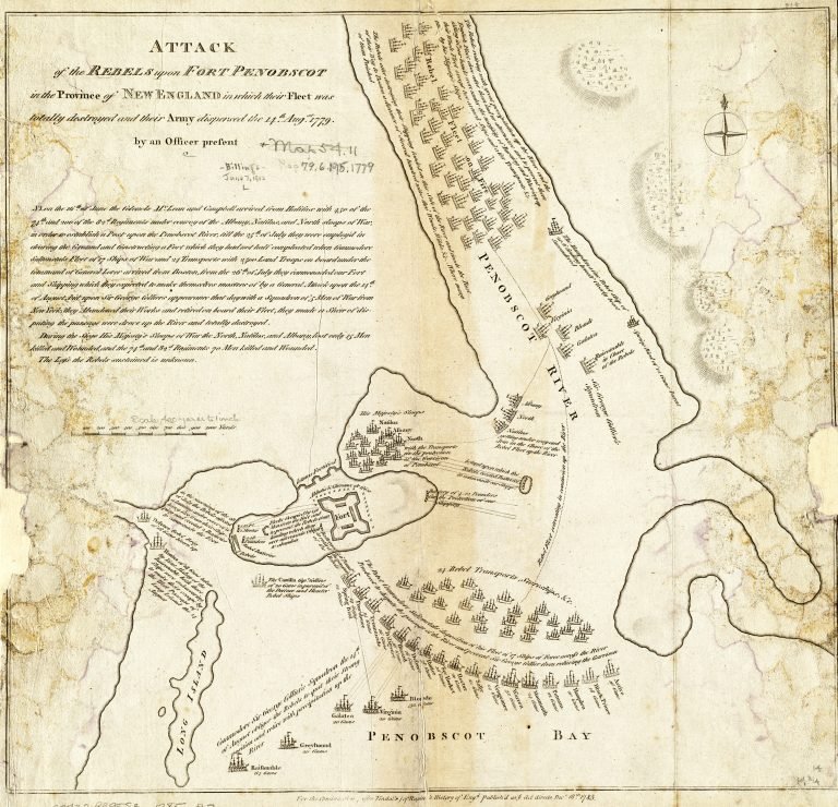 An 18th-century British engraving of an attack on Fort Penobscot, showing the river, naval and infantry positions, and ships drawn in pen and ink.
