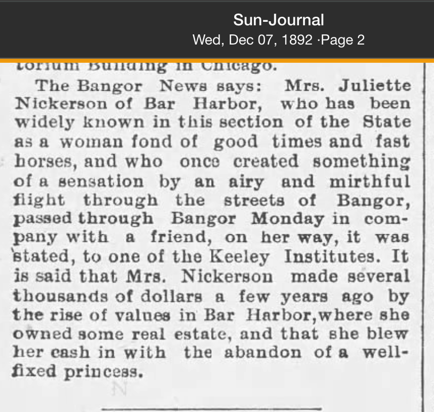 Newspaper item from the Sun-Journal, December 7, 1892, describing Juliette Nickerson passing through Bangor on her way to a Keeley Institute.