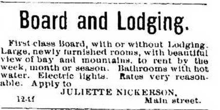 Newspaper advertisement from May 25, 1898 for board and lodging at the Juliette Nickerson house on Main Street, Bar Harbor.
