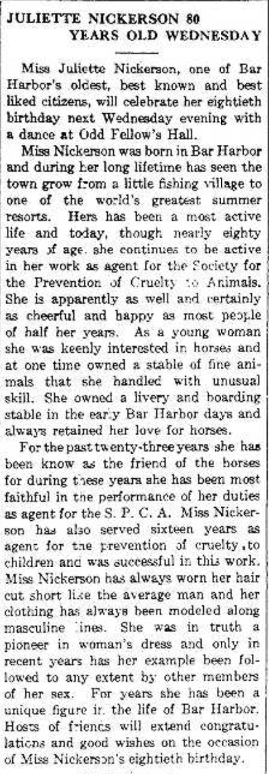 Newspaper clipping titled 'Juliette Nickerson 80 Years Old Wednesday,' describing her work and her plans to celebrate with a dance at Odd Fellow's Hall.