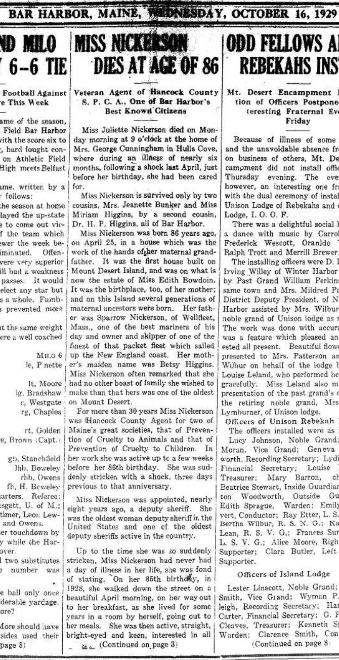 Front page of the Bar Harbor Times, October 16, 1929, with the obituary 'Miss Nickerson Dies at Age of 86.'