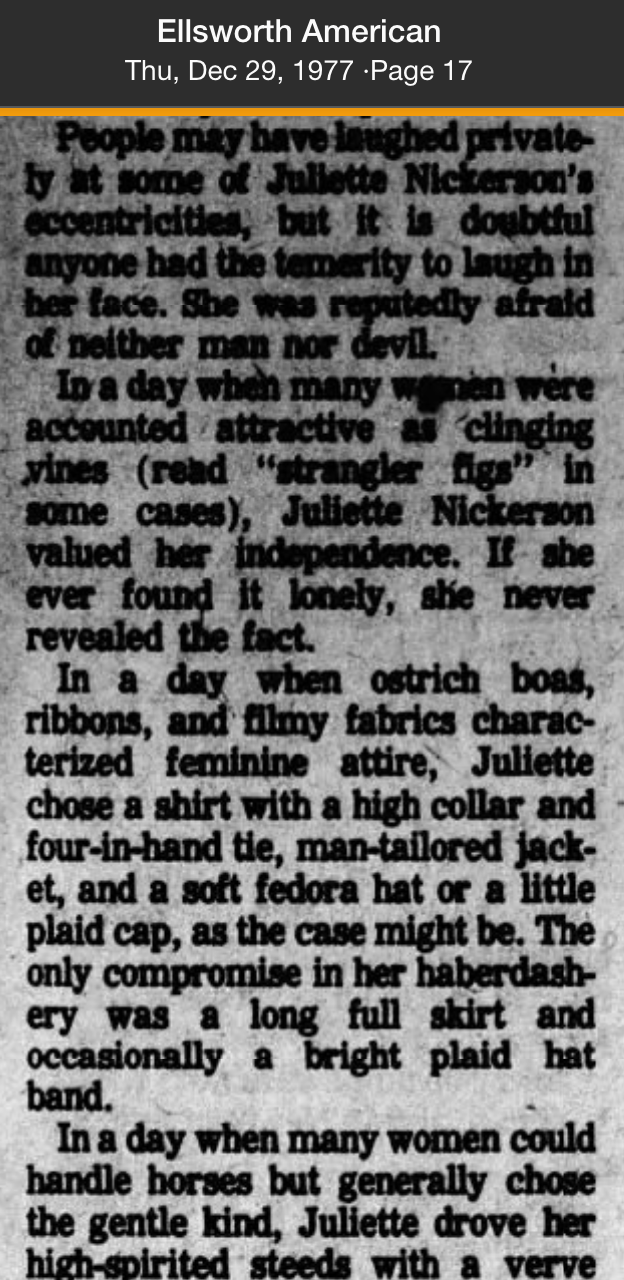 Newspaper column from the Ellsworth American, December 29, 1977, describing Juliette Nickerson's eccentricities and her preference for masculine attire.