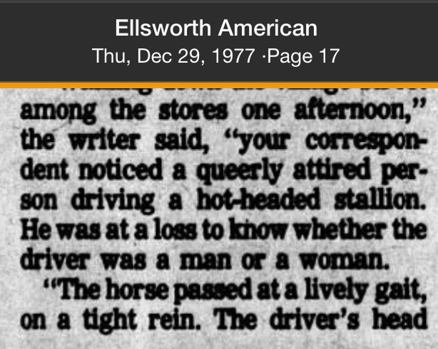 Newspaper excerpt describing a correspondent's account of Juliette Nickerson driving a hot-headed stallion through Bar Harbor.