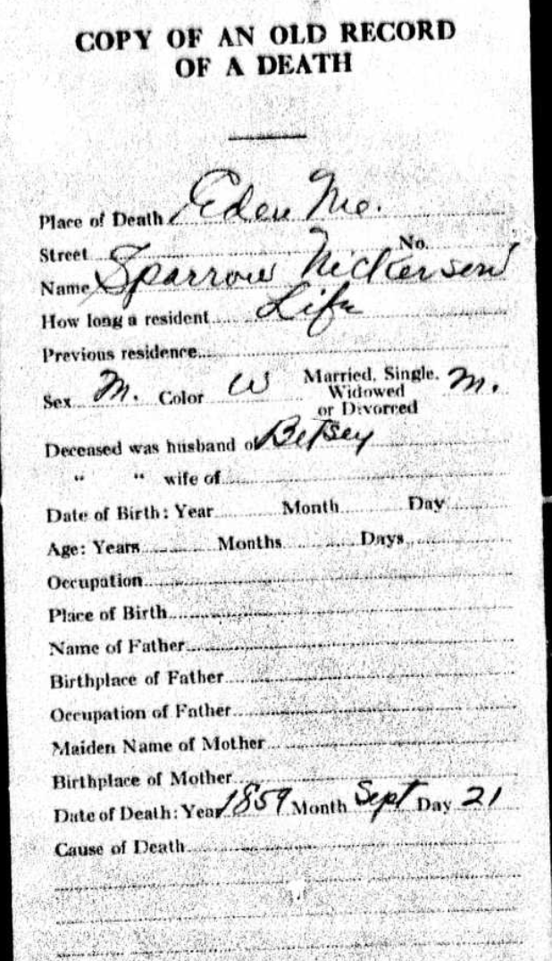Handwritten record of death for Sparrow Nickerson, dated September 21, 1859, in Eden, Maine.