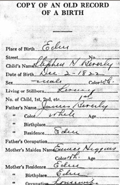 Reproduction of an old vital record showing the December 2, 1822 birth of Stephen H. Beverly in Eden, Maine.