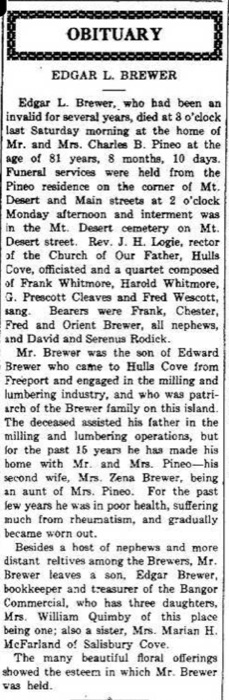 Newspaper obituary of Edward L. Brewer Jr., printed in Bar Harbor in 1915, listing his pallbearers and family connections.
