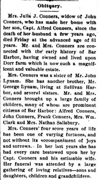 An obituary clipping for Mrs. Julia J. Conners, widow of John Conners, who died at the age of 82.