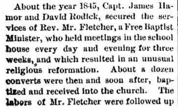 A short paragraph about Capt. James Hamor and David Rodick bringing a Free Baptist minister to Bar Harbor in 1845.