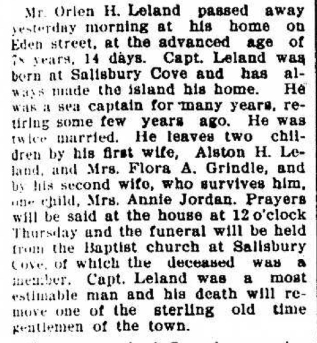 A newspaper article fragment referring to a Captain Leland of Bar Harbor.