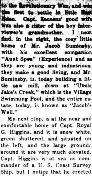 Newspaper clipping describing the Suminsby home in old Bar Harbor, mentioning Jacob and Experience Suminsby and the saw mill at Uncle Jake's Creek.