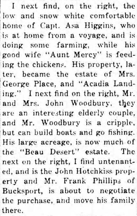 Newspaper clipping describing the Woodberry home in old Bar Harbor, where the Beau Desert estate later stood.