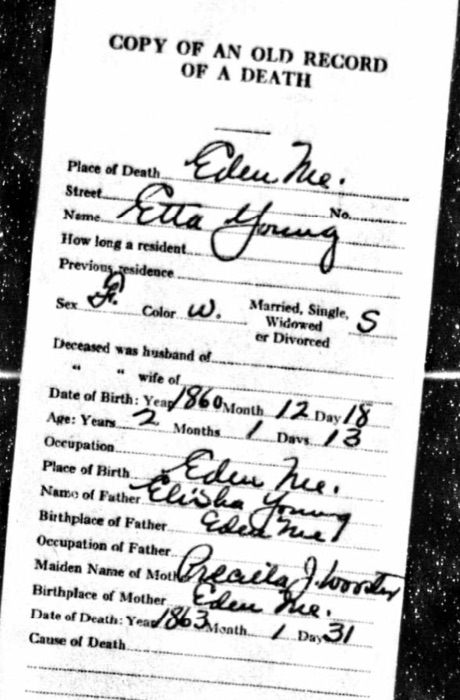 A handwritten copy of an old death record for Etta Young of Eden, Maine.