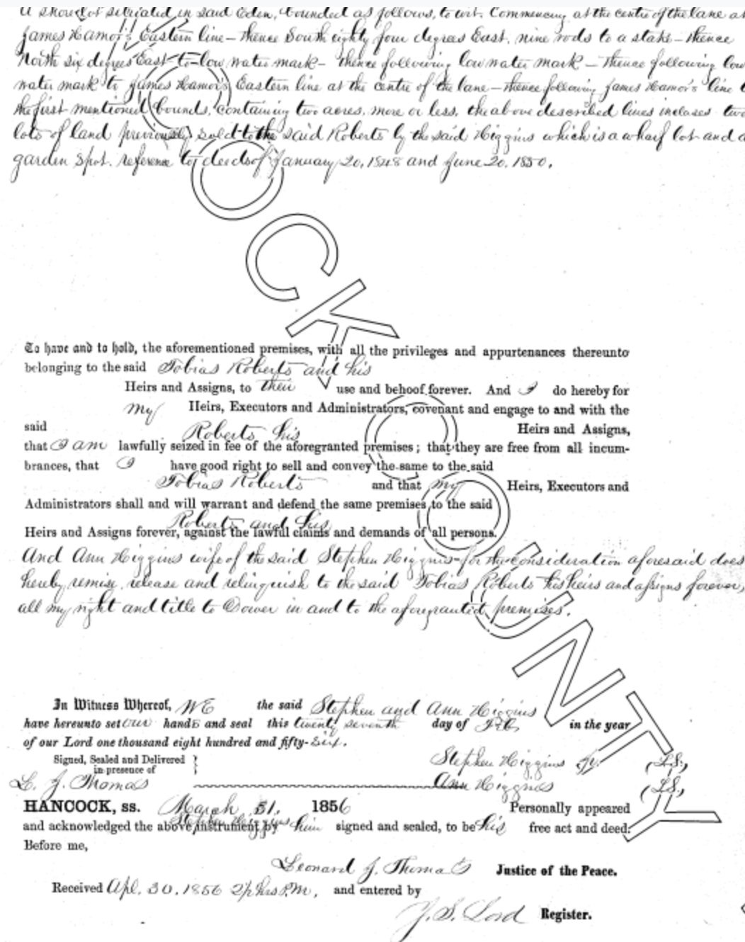 1856 Higgins-to-Roberts deed for the wharf lot and garden spot