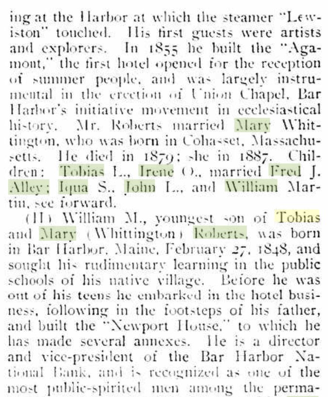 Continuation of 1915 Bar Harbor Times article on the Roberts family