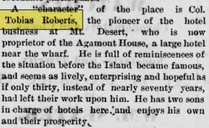 Newspaper article describing Tobias Roberts as a character of Bar Harbor