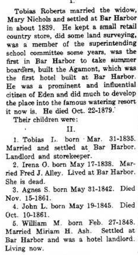 Listing of Tobias Roberts's children from a family record