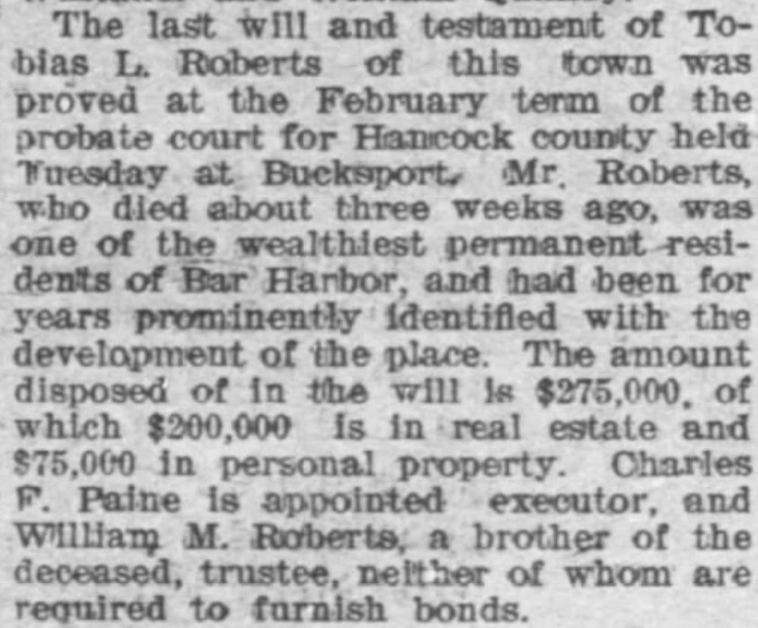 Bangor Daily News 1908 article on Tobias L. Roberts's will