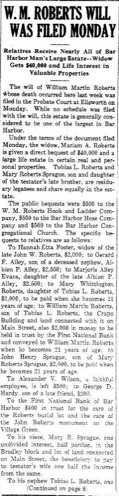 A short newspaper item from 1929 announcing that the will of W. M. Roberts has been filed for probate at Ellsworth on Monday.