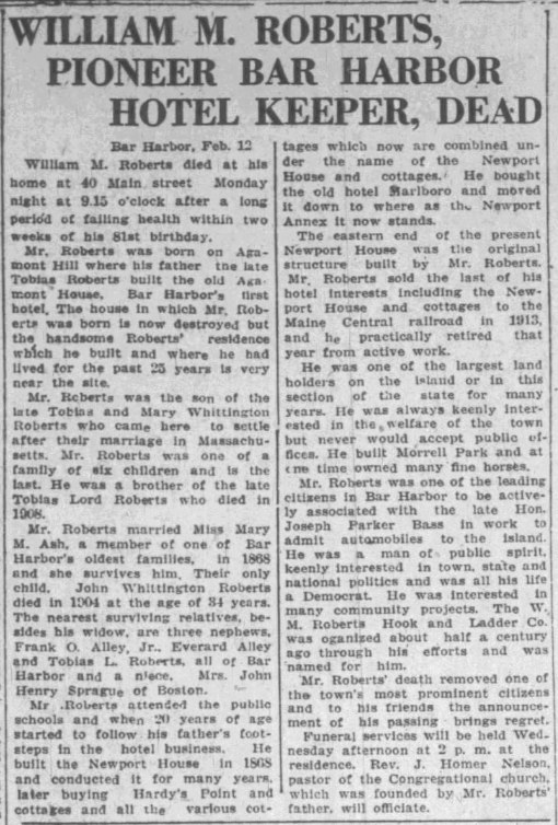 William M. Roberts's 1929 obituary, 'Pioneer Bar Harbor Hotel Keeper, Dead'