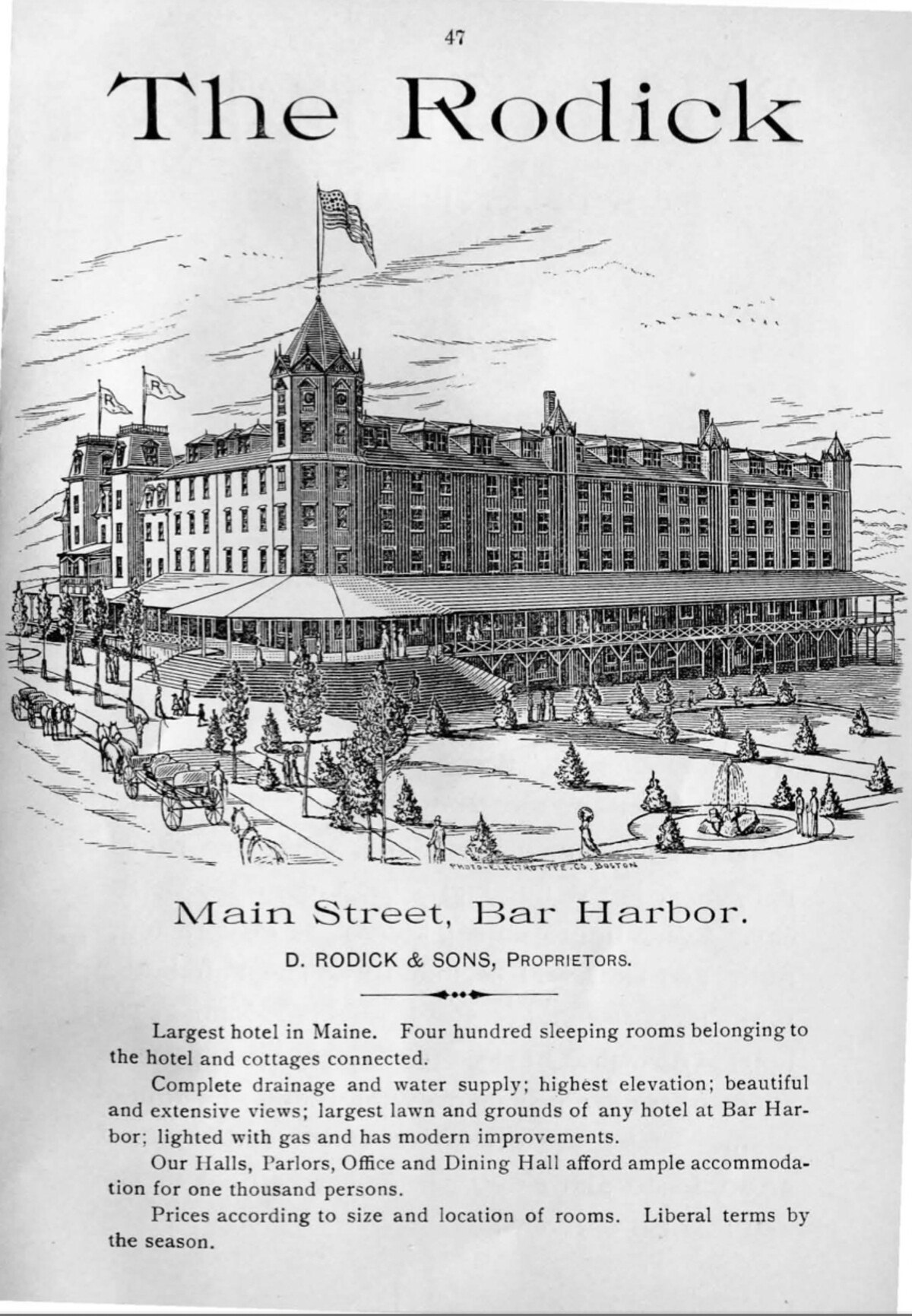 Engraving of the Rodick House on Main Street, Bar Harbor, a long six-story wooden hotel with a central tower flying an American flag, a long covered porch, lawns with strolling figures and a fountain, and horse-drawn carriages.